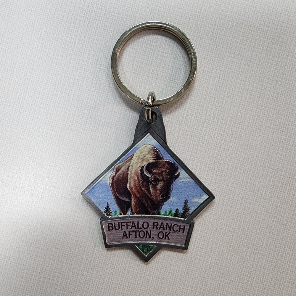 Vintage BuffaloRanch Afton, OK Keychain Key Ring Silver Raised Design Print NWT